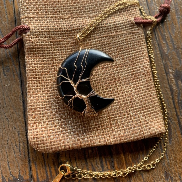 Hand Crafted Jewelry - Onyx Moon Necklace Black Onyx Wire Wrapped Moon Pendant with Gold Plated Chain